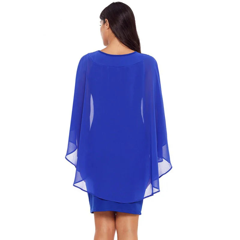 Chiffon Dress Women Casual Fashion Fake Two Pieces Batwing Sleeve O-Neck Elegant Cape Dress