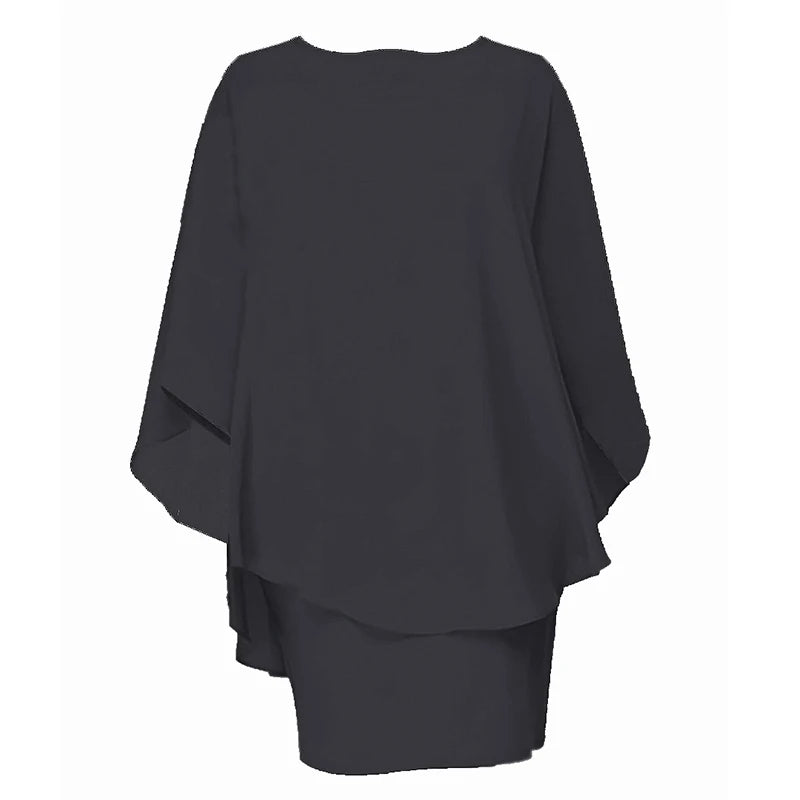 Chiffon Dress Women Casual Fashion Fake Two Pieces Batwing Sleeve O-Neck Elegant Cape Dress