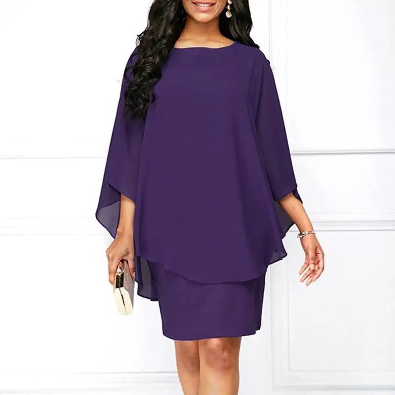 Chiffon Dress Women Casual Fashion Fake Two Pieces Batwing Sleeve O-Neck Elegant Cape Dress